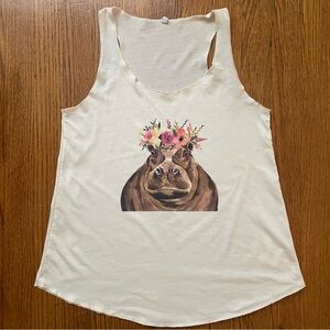 Hippo With Flower Crown Graphic Print Cream Tank Top